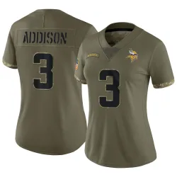 Women's Jordan Addison Minnesota Vikings No.3 Limited 2022 Salute To Service Jersey - Olive